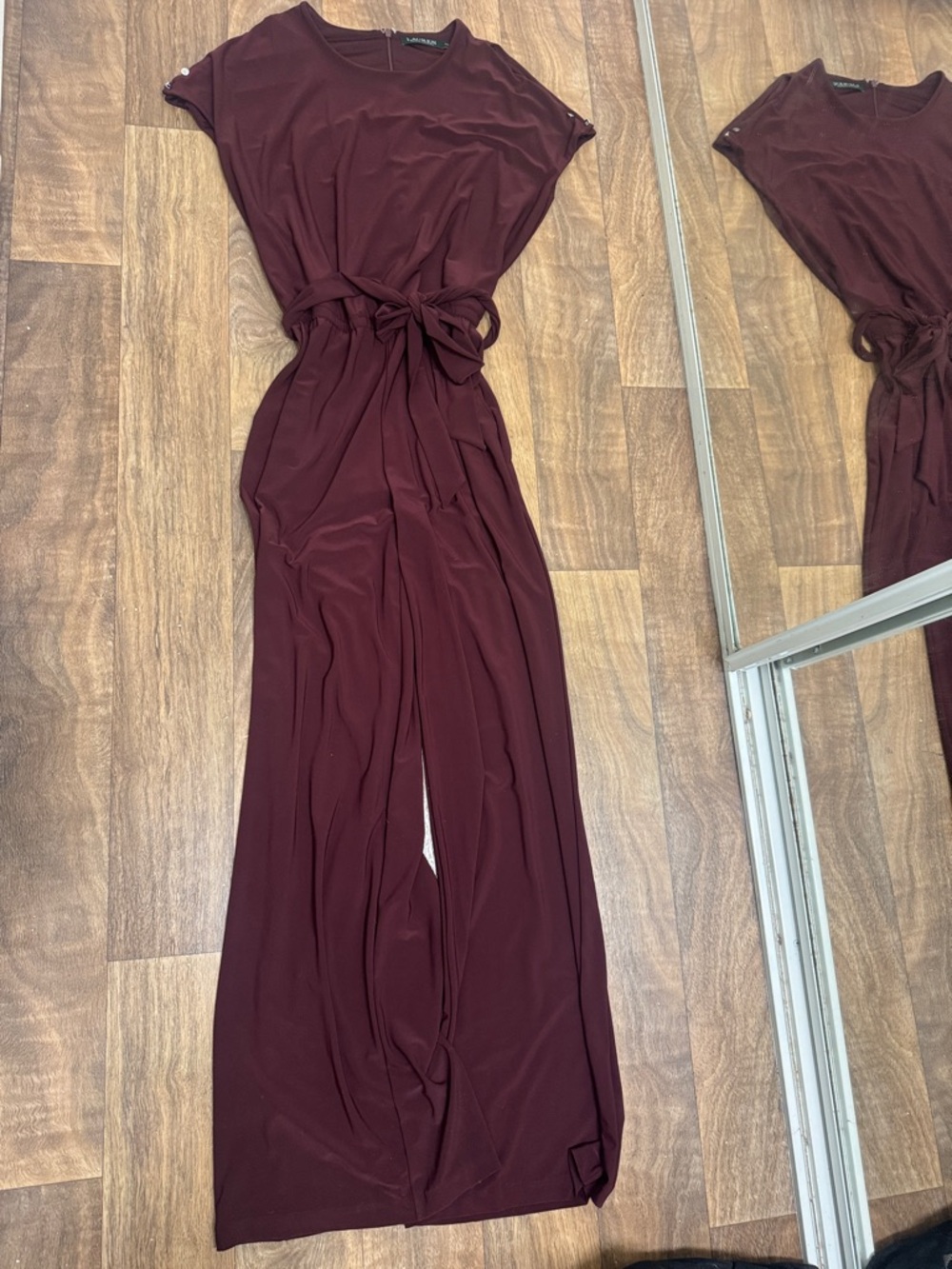 Ralph Lauren Burgundy Short-Sleeve Tie-Waist Jumpsuit
